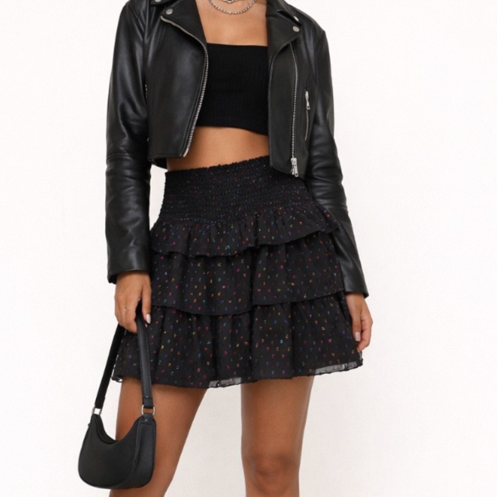 KOCH Black Rainbow Confetti Mini Skirt Metallic Swiss Dot Crepe Elastic Waist M - Picture 10 of 10